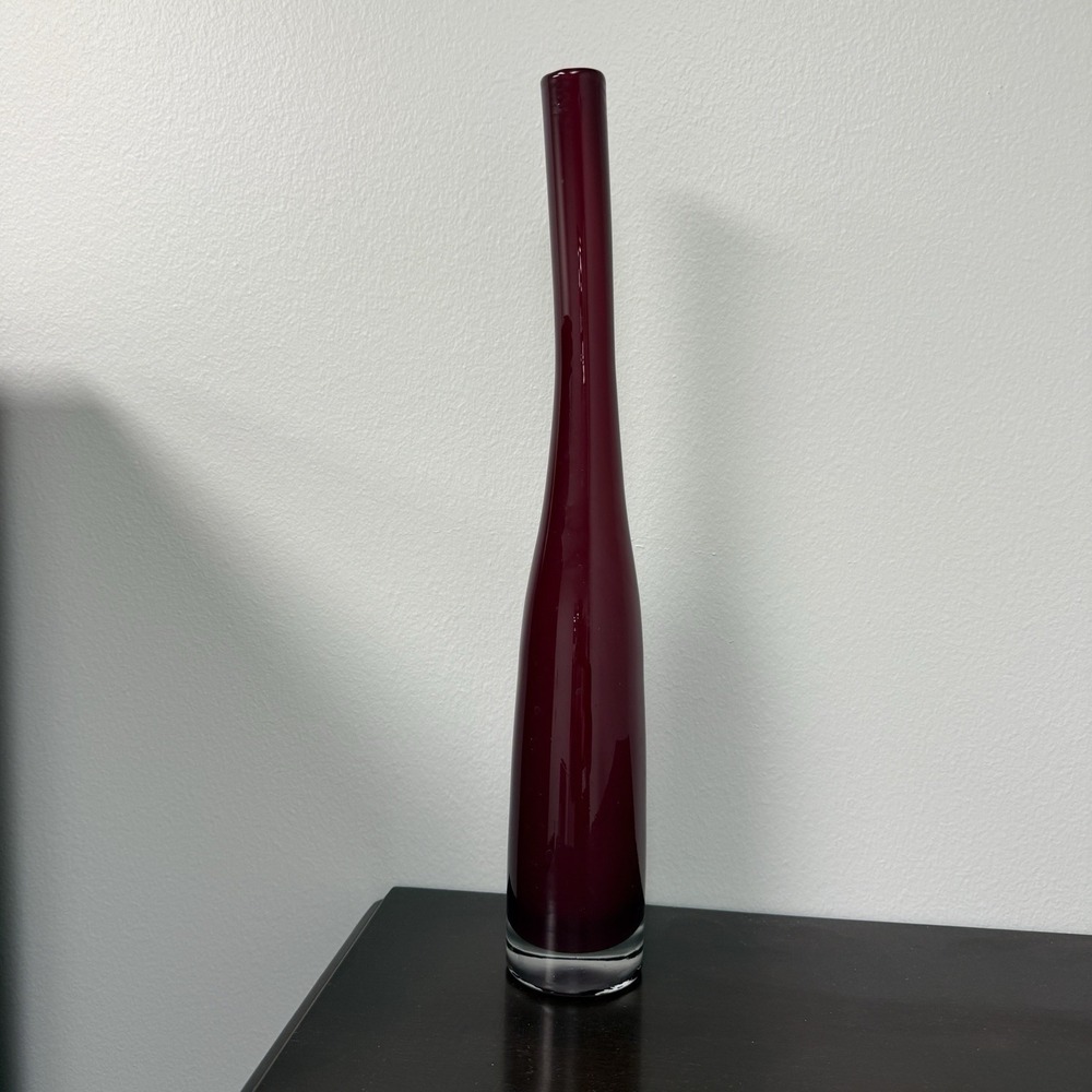 15" Tall Cranberry Red Art Glass Bud Vase Heavy Base Modern Hand Blown